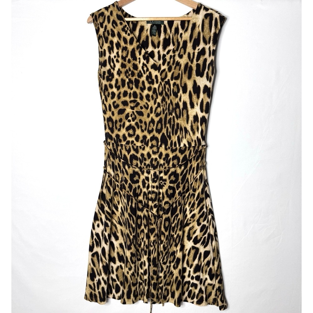 Lauren Ralph Lauren Leopard Print Dress Womens M Stretch Tie Belt Office Casual